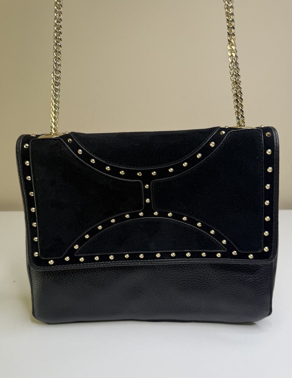 Sam Edelman Maddie Studded Bag Black Leather Gold Chain Strap Magnet Close